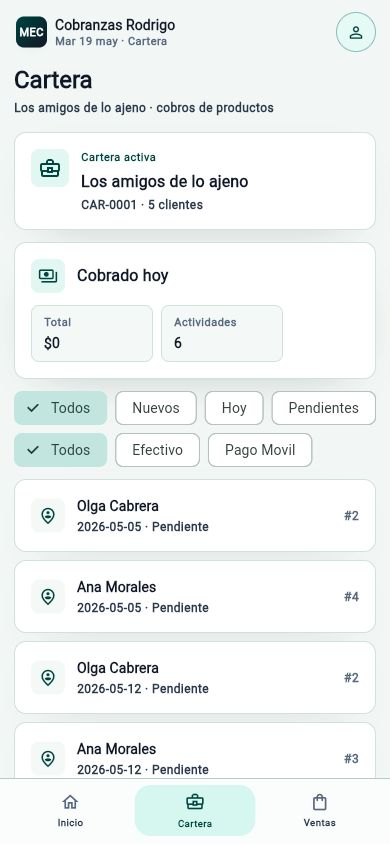 Cartera y actividades de cobranza en MEC Mobile
